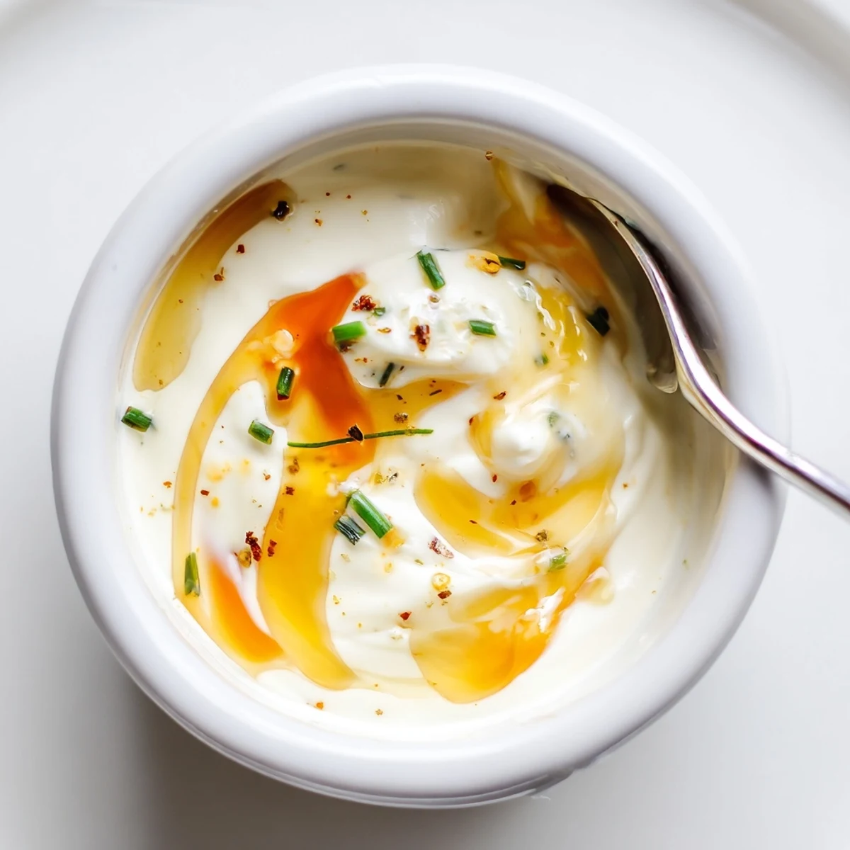 Creamy Hot Honey Ranch Dip in bowl, flecked with chives, ready for veggies