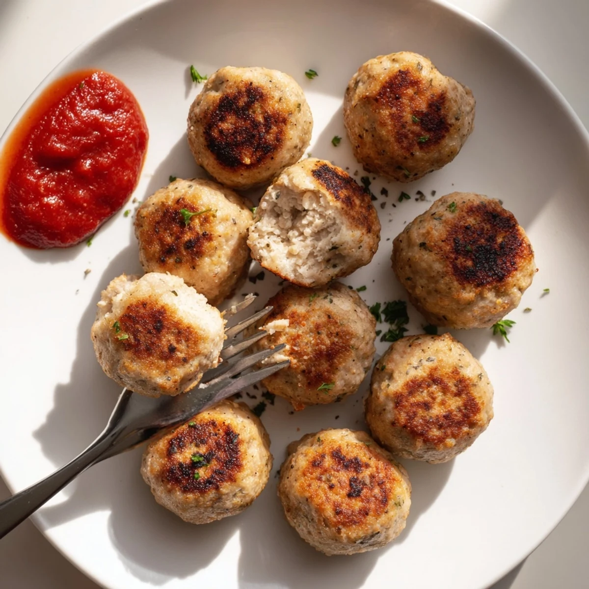 Pan seared Juicy Chicken Meatballs glistening with herbs, ready for pasta
