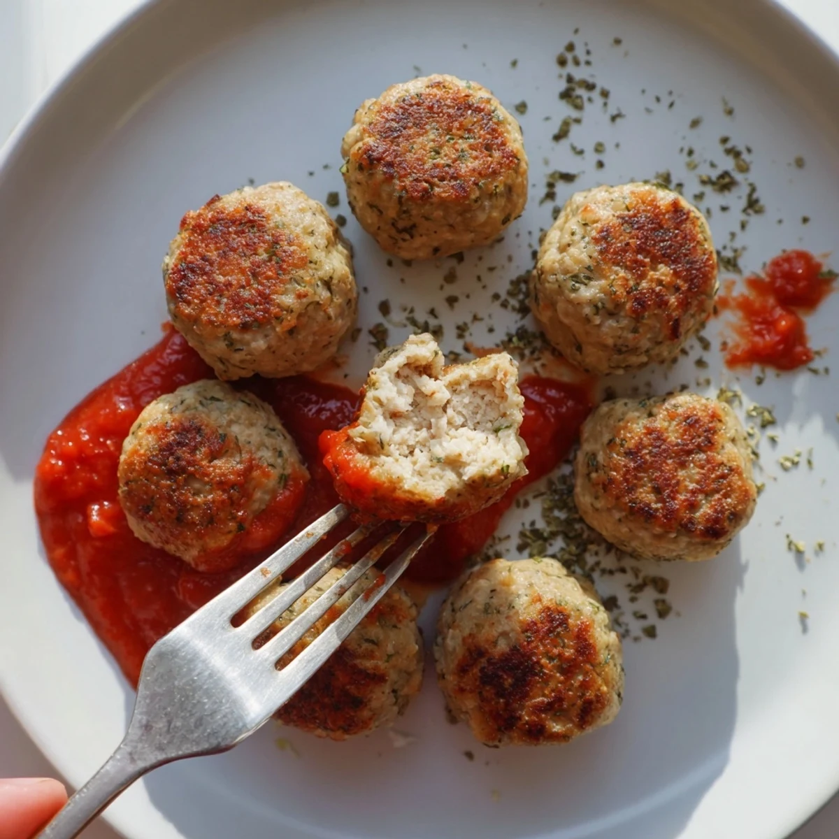Fork tender Juicy Chicken Meatballs nestled on tomato sauce, steaming and aromatic
