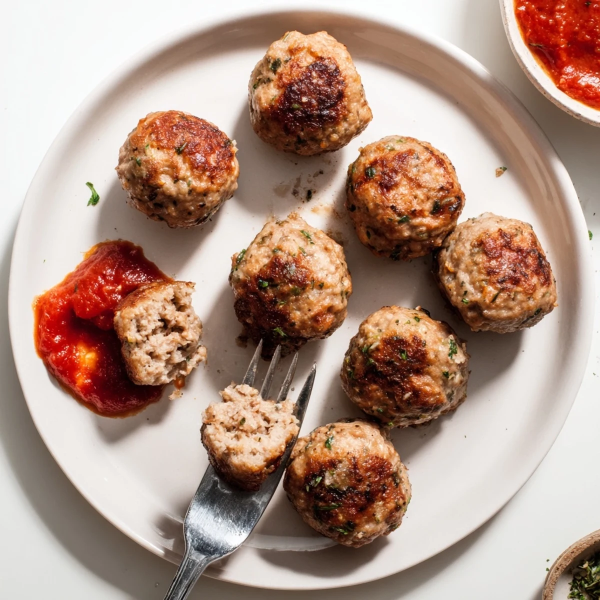 Crisp edged Juicy Chicken Meatballs served with tzatziki and lemon wedges