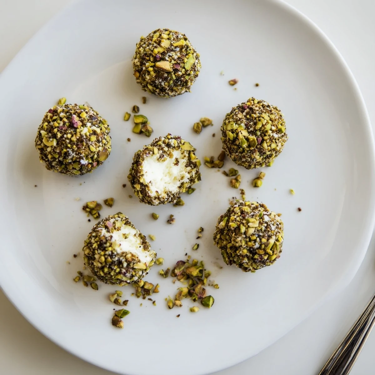 Creamy Savory Pistachio Crusted Cheese Bites rolled by hand, fresh chive flecks.