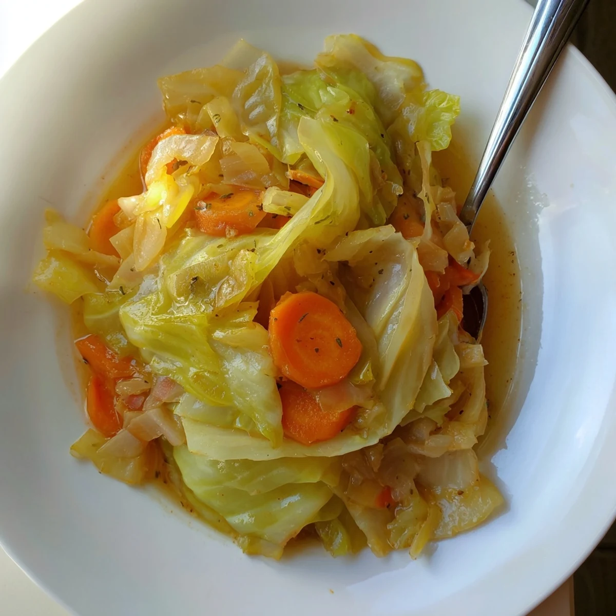 Savory Braised Cabbage Recipe steaming in Dutch oven, tender, caramelized edges