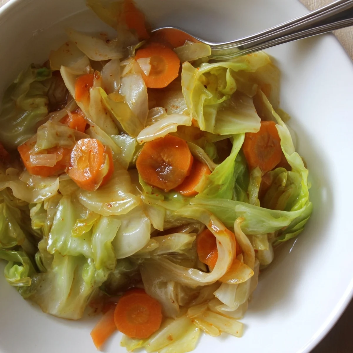 Plated Savory Braised Cabbage Recipe beside roasted sausage, bright apple cider tang