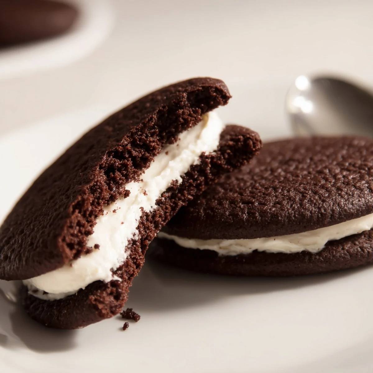Homemade Oreo Style Cookies stacked on a plate, dark chocolate aroma wafting