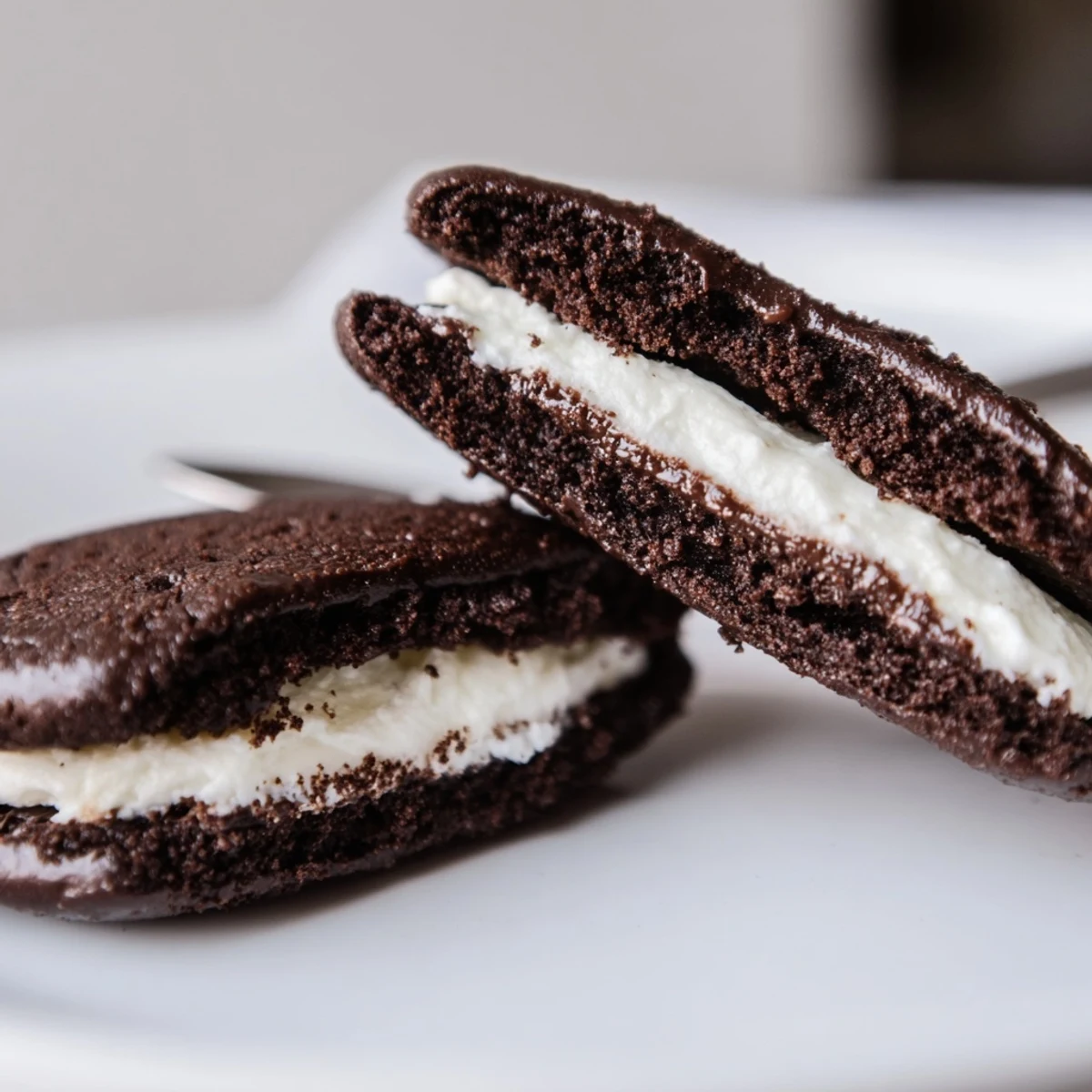 Close-up of Homemade Oreo Style Cookies with creamy vanilla filling, perfect dunking