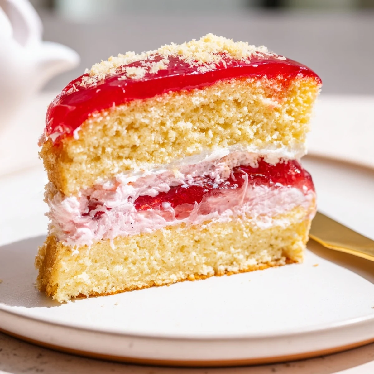 Old Fashioned Pink Jelly Cakes on a wire rack, coconut-dusted, raspberry sheen