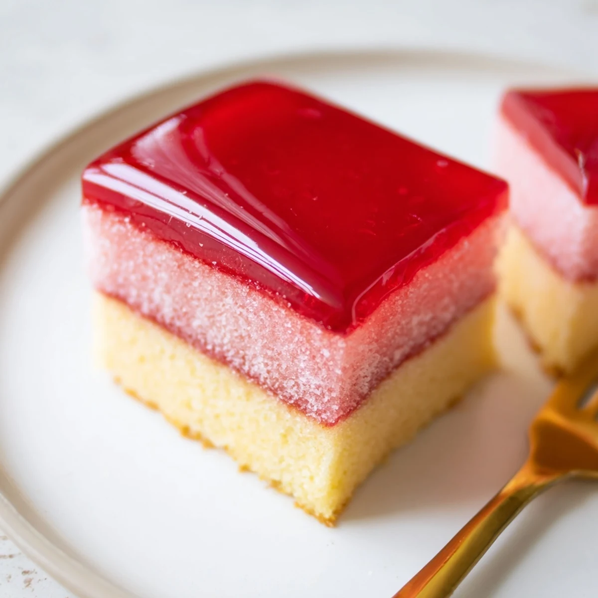 Plate of Old Fashioned Pink Jelly Cakes, pillowy sponge and glossy jelly