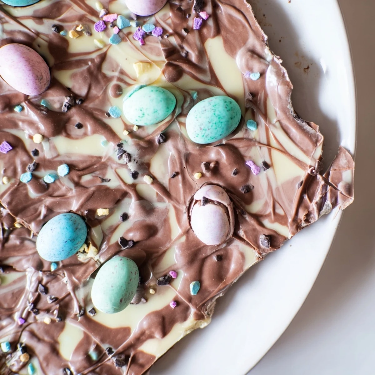 Robin Egg Easter Bark on parchment, marbled chocolate with pastel candies.