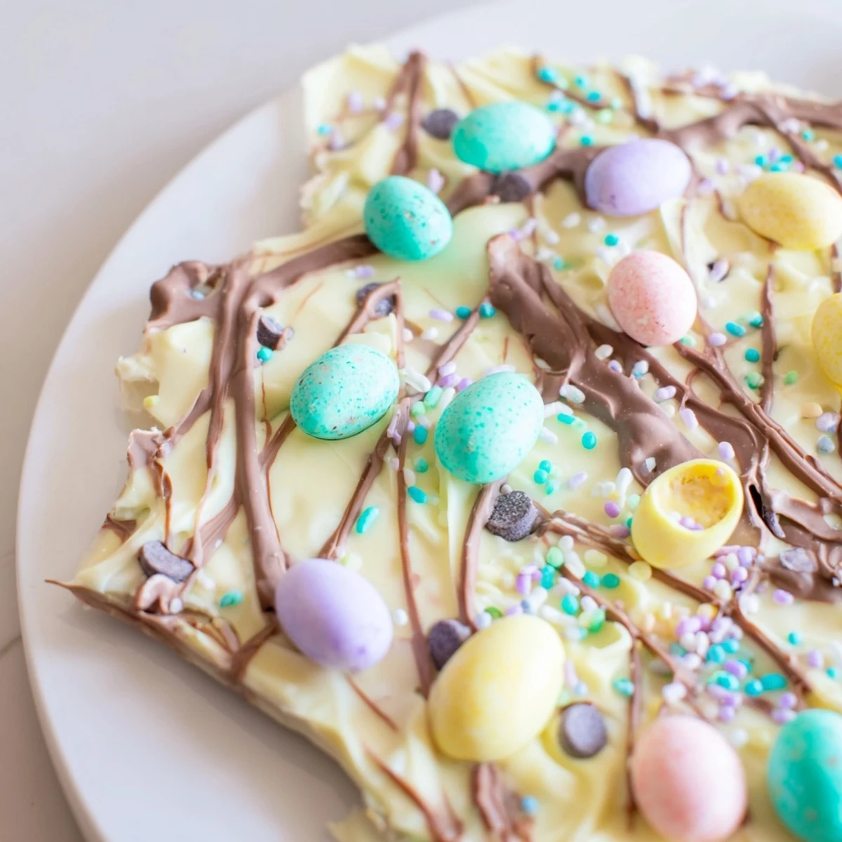 Close up of Robin Egg Easter Bark studded with candy eggs, silky white swirls.