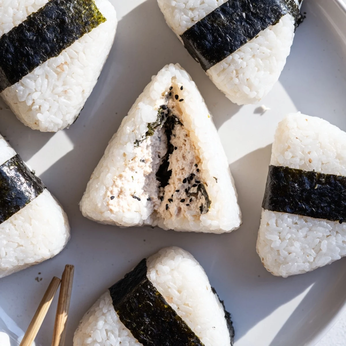 Homemade tuna mayo onigiri with savory tuna center and dark roasted seaweed