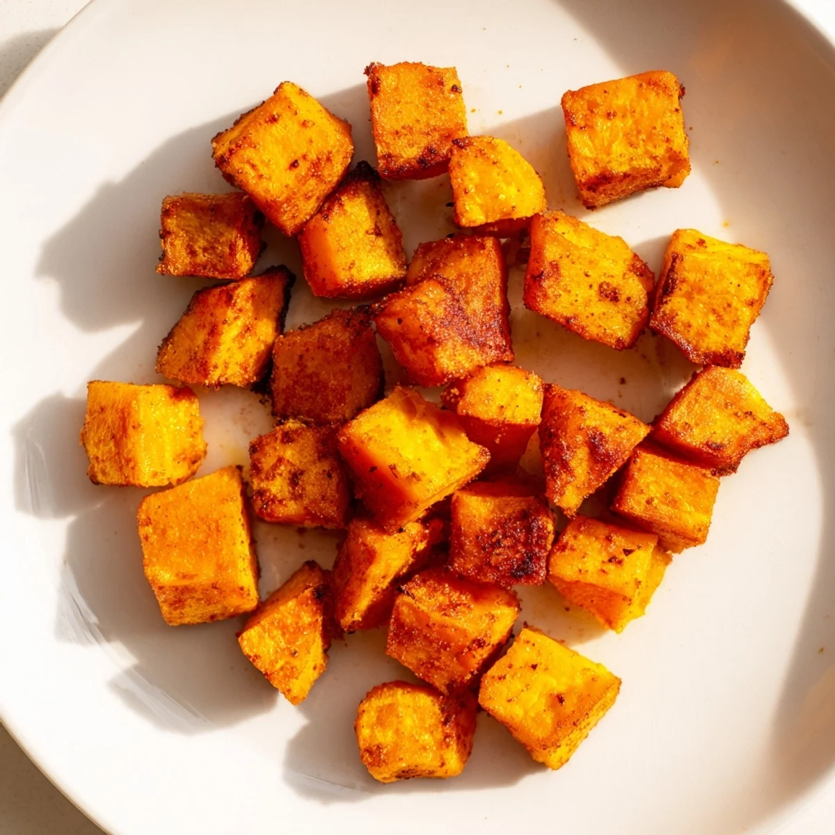 Golden air fryer sweet potato cubes with crispy edges and tender centers seasoned with smoked paprika