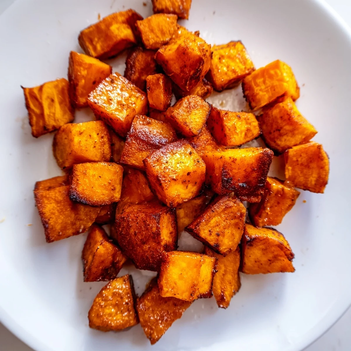 Bowl of seasoned sweet potato cubes ready for air frying with olive oil and aromatic spices