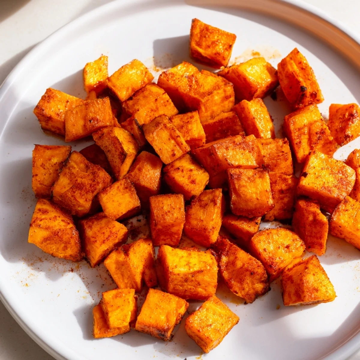 Perfectly cooked air fryer sweet potato cubes garnished with sea salt on a white serving plate