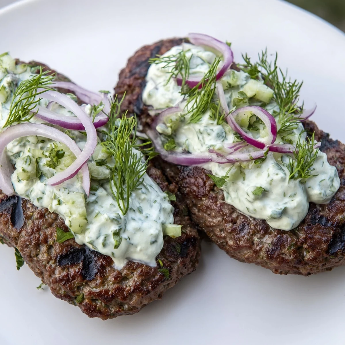 Golden smashed beef kebabs with crispy edges served alongside cool cucumber yogurt sauce