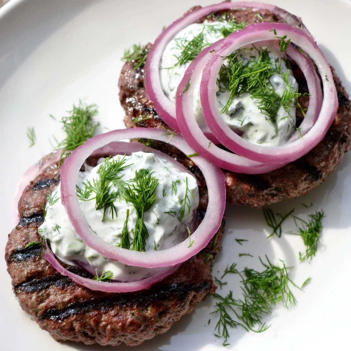 Hand-shaped Middle Eastern beef patties grilled to perfection with fresh herbs and spices