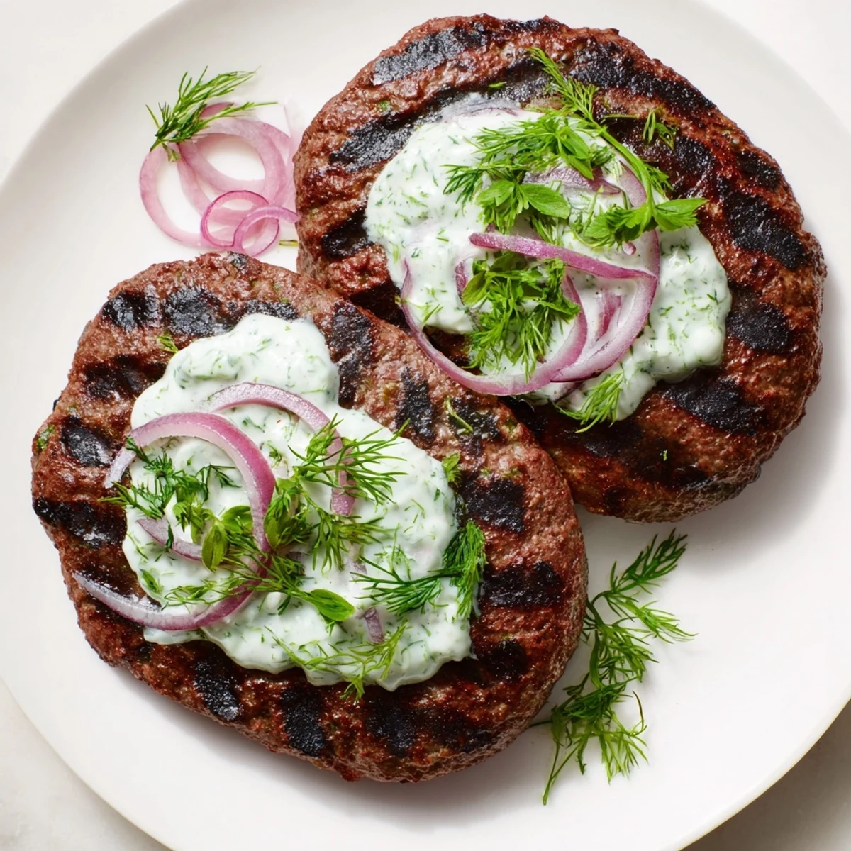 Juicy ground beef kebabs paired with creamy yogurt cucumber dip and warm flatbread