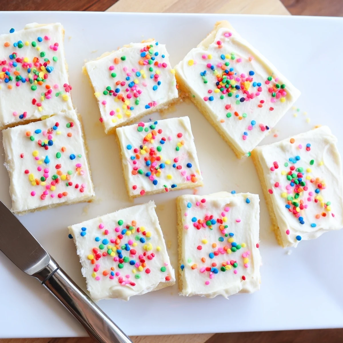 Golden buttery sugar cookie bars spread with sweet vanilla frosting on a white plate