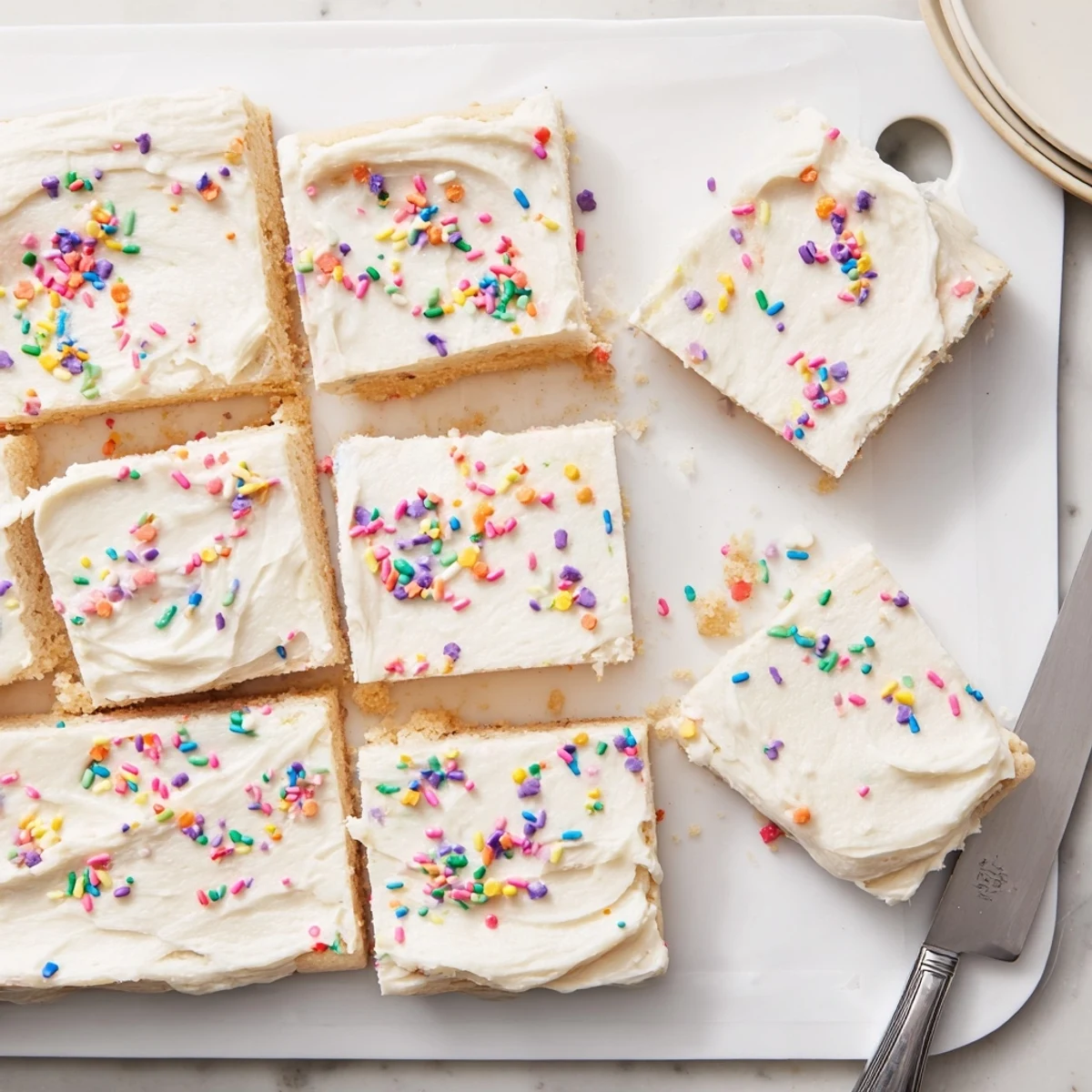 Homemade sugar cookie bars layered with thick buttercream frosting and rainbow sprinkles for parties