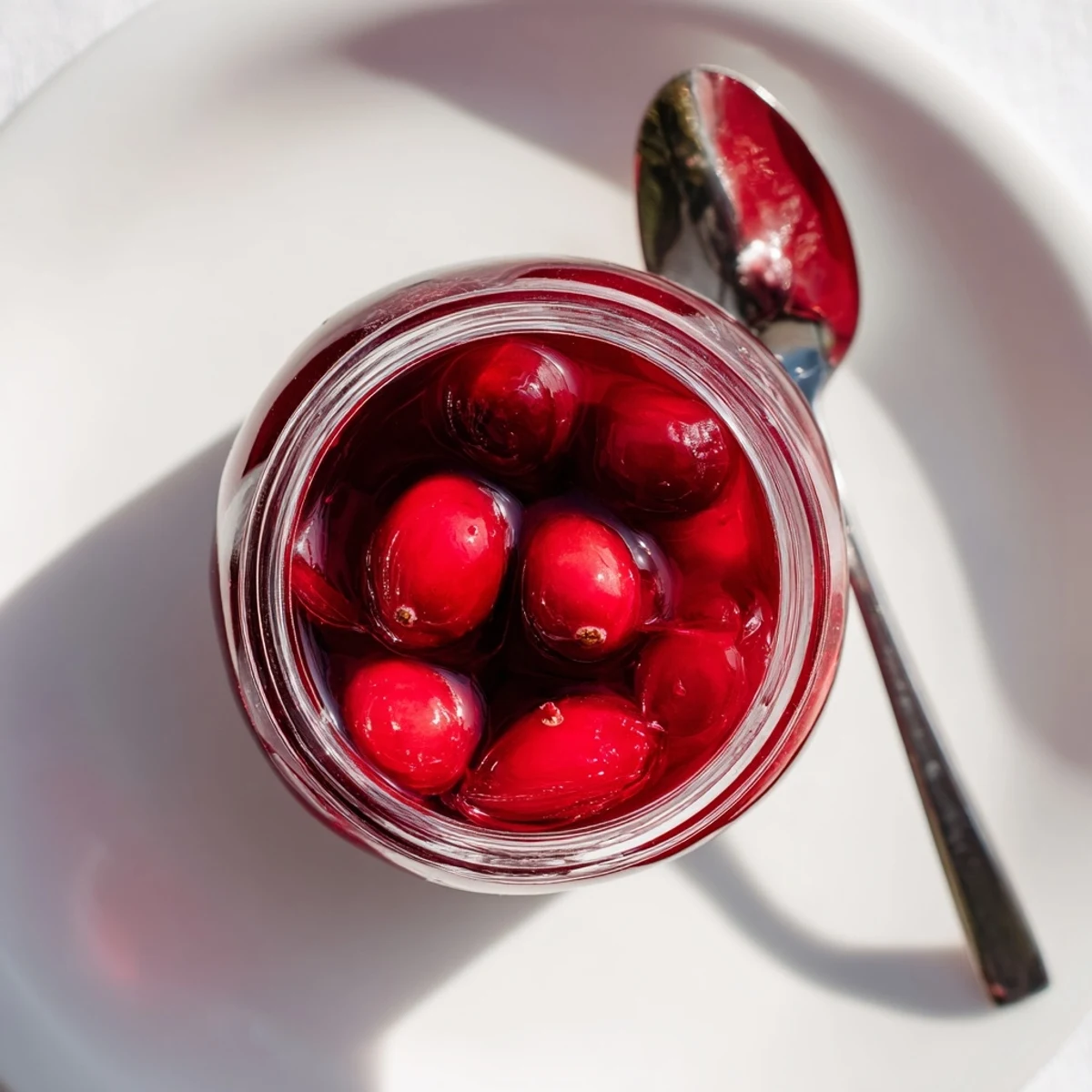 Ruby red cranberry syrup drizzled over fluffy pancakes with powdered sugar garnish