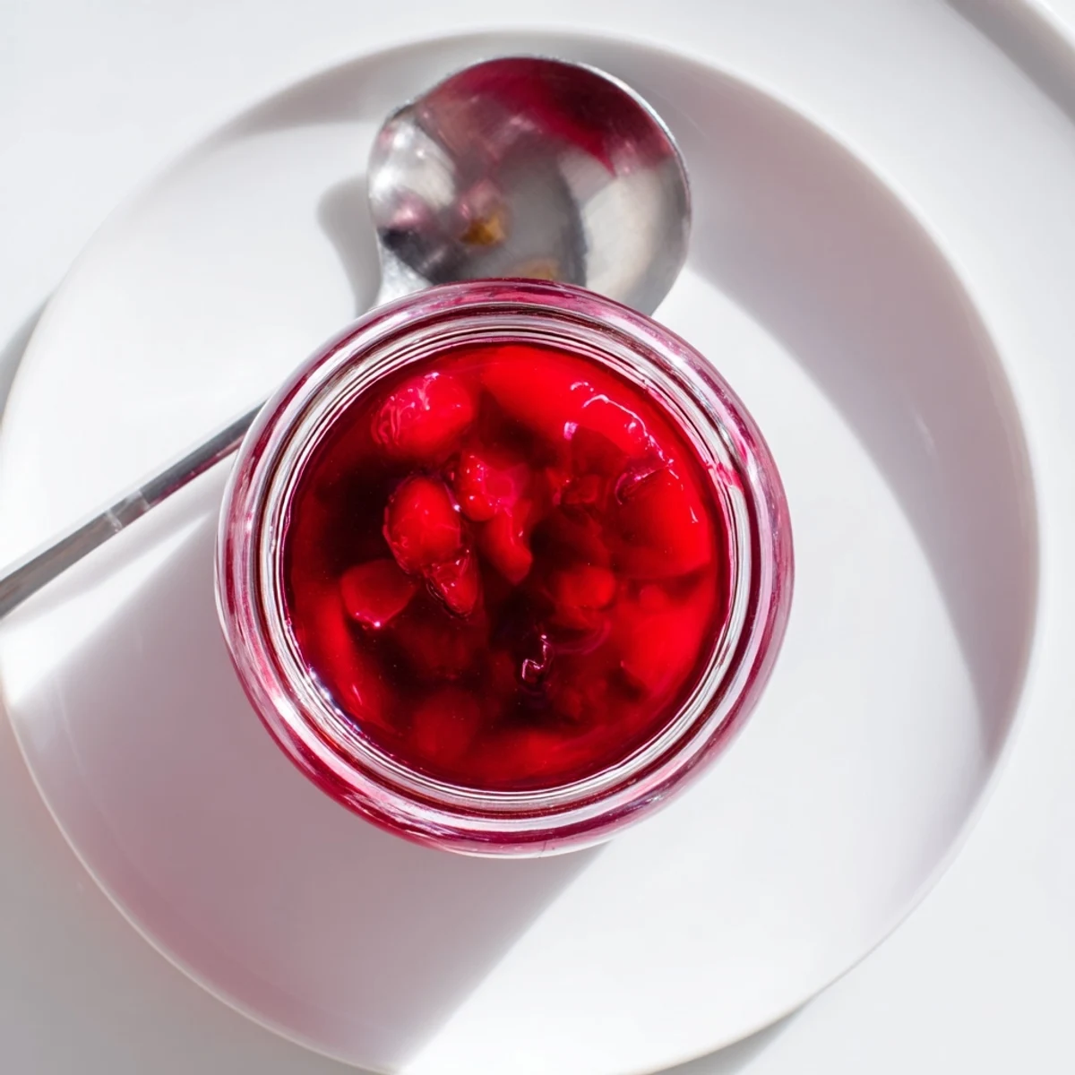 Glass jar filled with vibrant cranberry syrup capturing natural light on wooden table