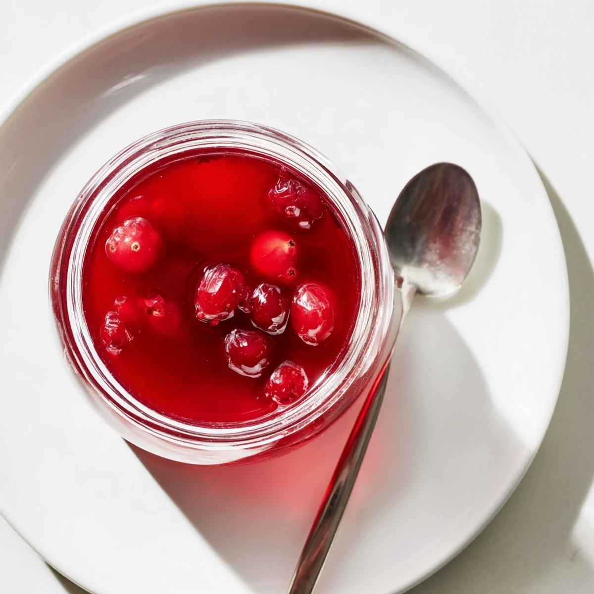 Homemade cranberry syrup in clear bottle showcasing deep red color and smooth texture