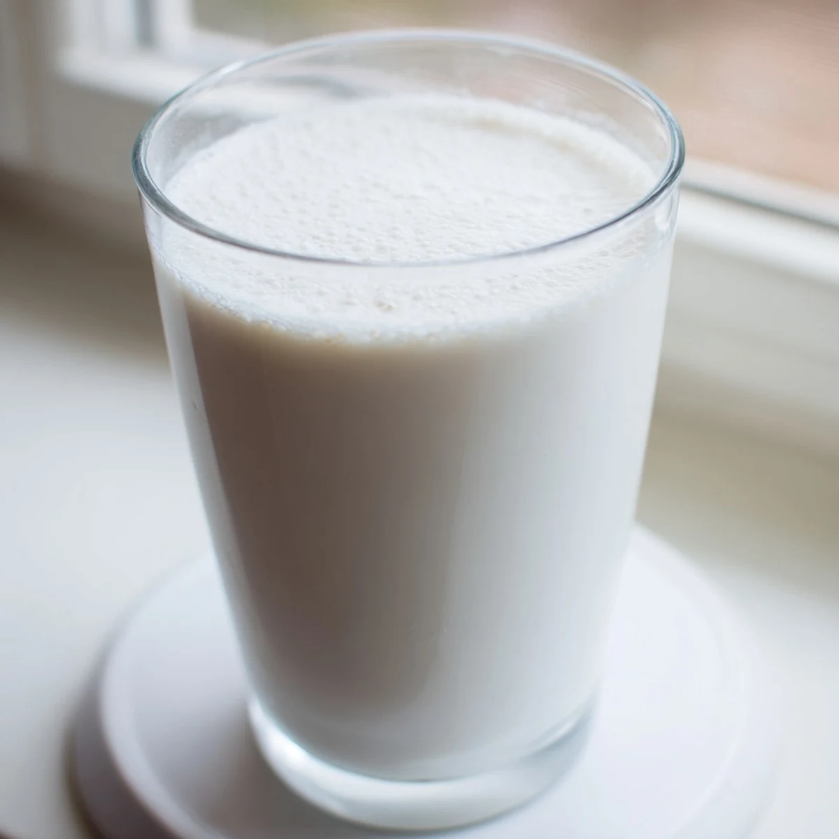 Fresh homemade almond milk poured into a clear glass over ice cubes