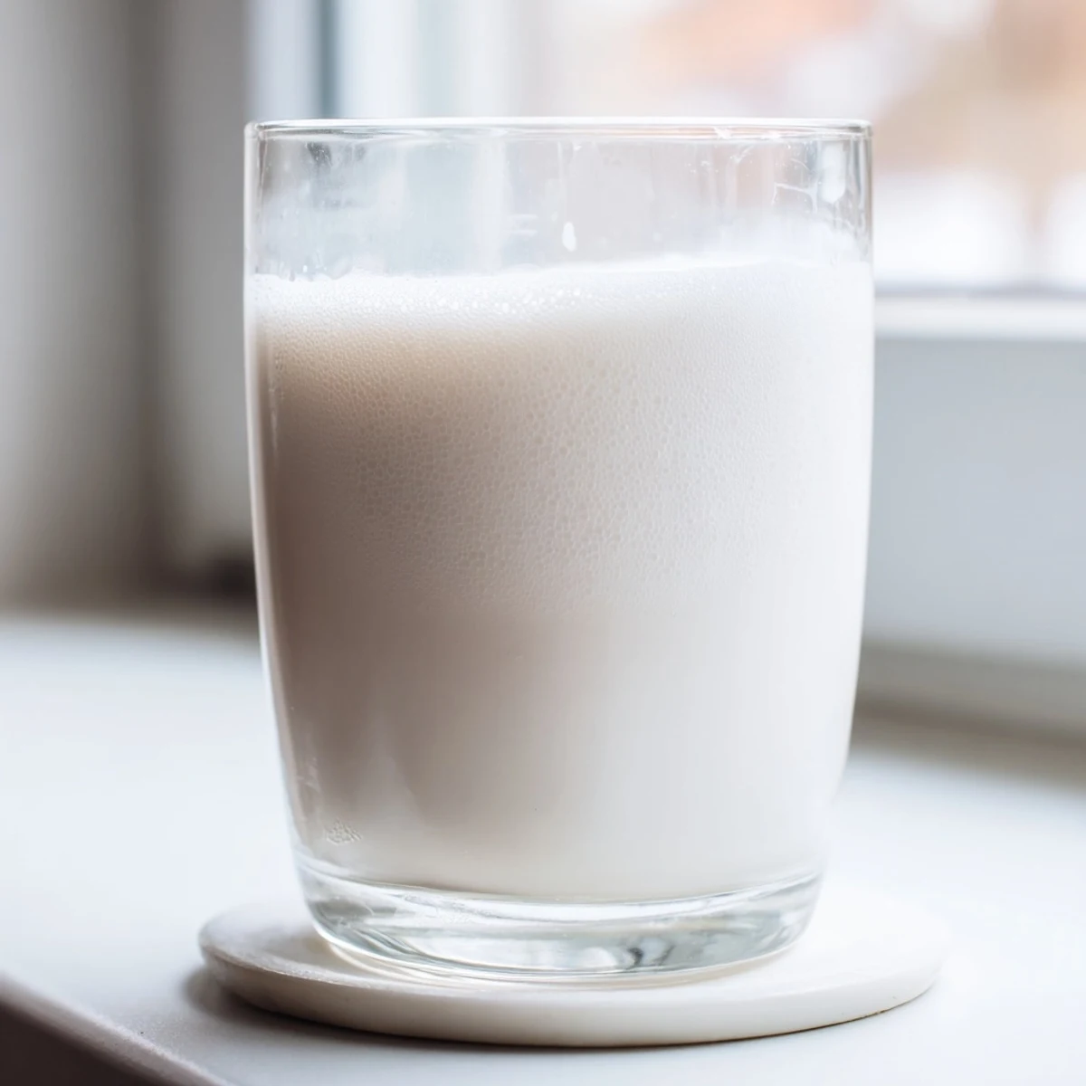 Glass jar filled with creamy homemade almond milk alongside raw soaked almonds