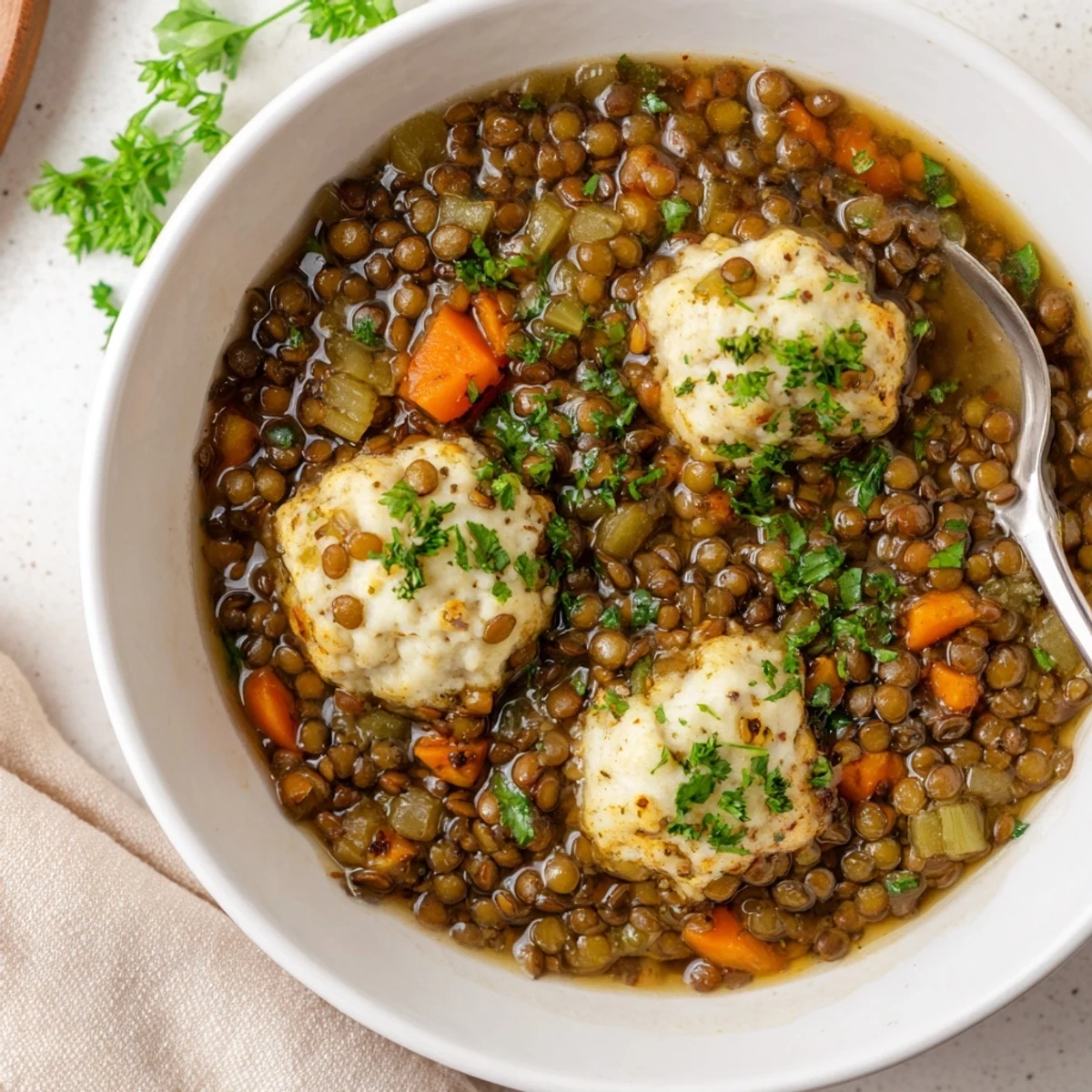 Golden brown fluffy dumplings steaming on top of savory lentil stew in a rustic bowl