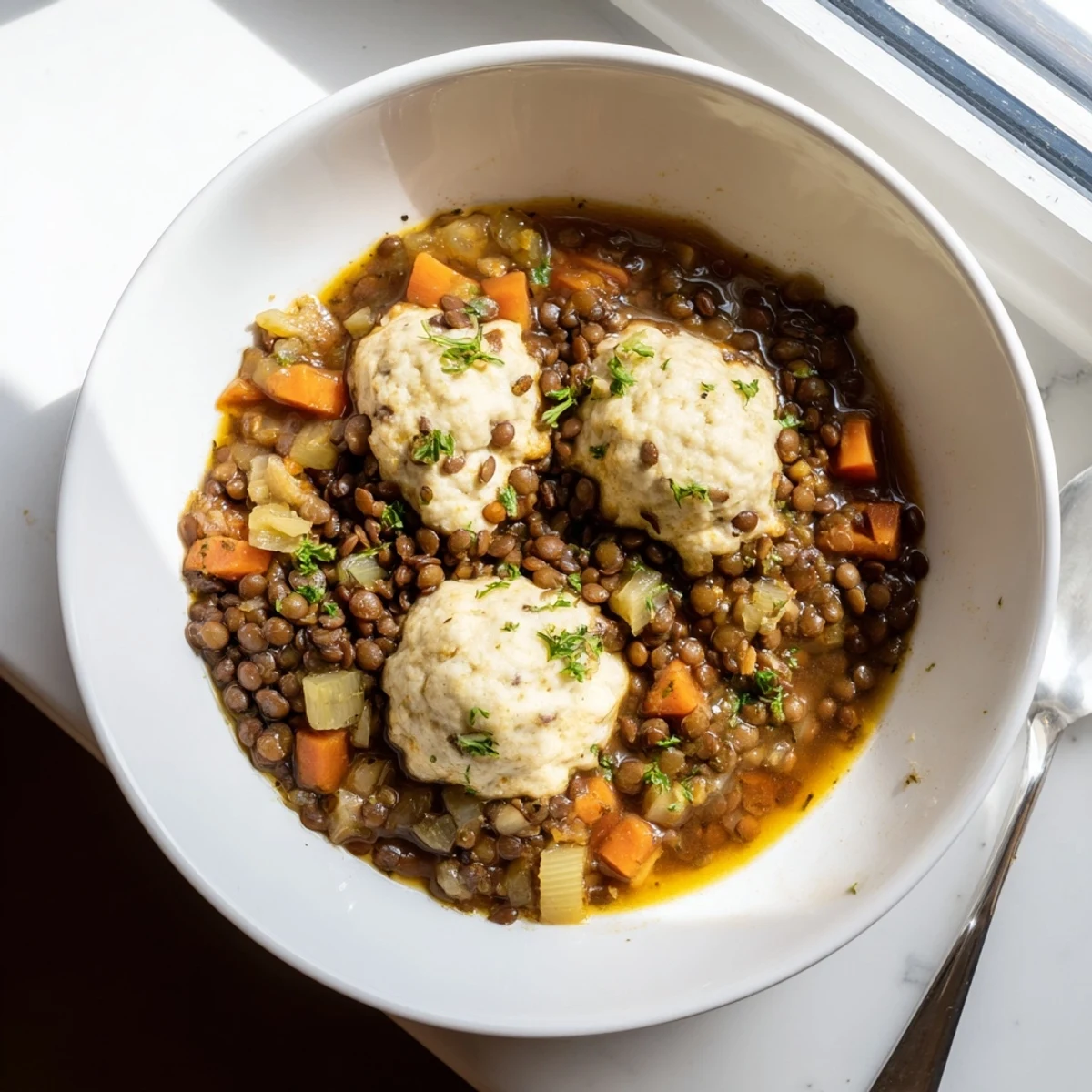 Hearty lentils with dumplings featuring tender vegetables and pillowy dough in a rich vegetable broth