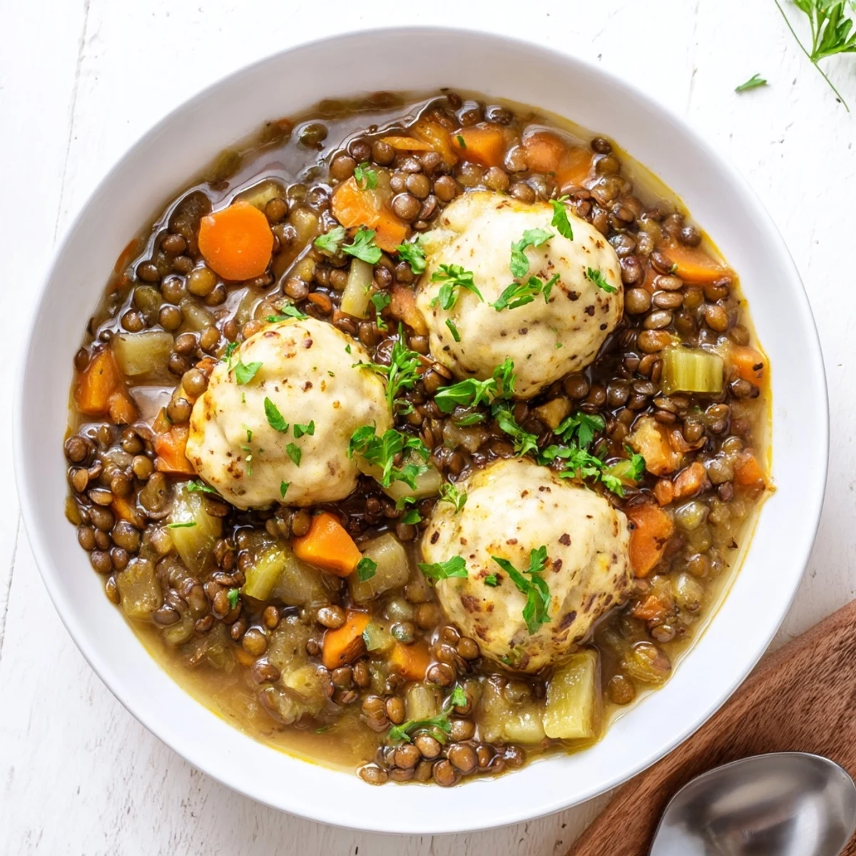 Comforting European-style lentils with dumplings served hot with fresh parsley garnish on a cozy dinner table
