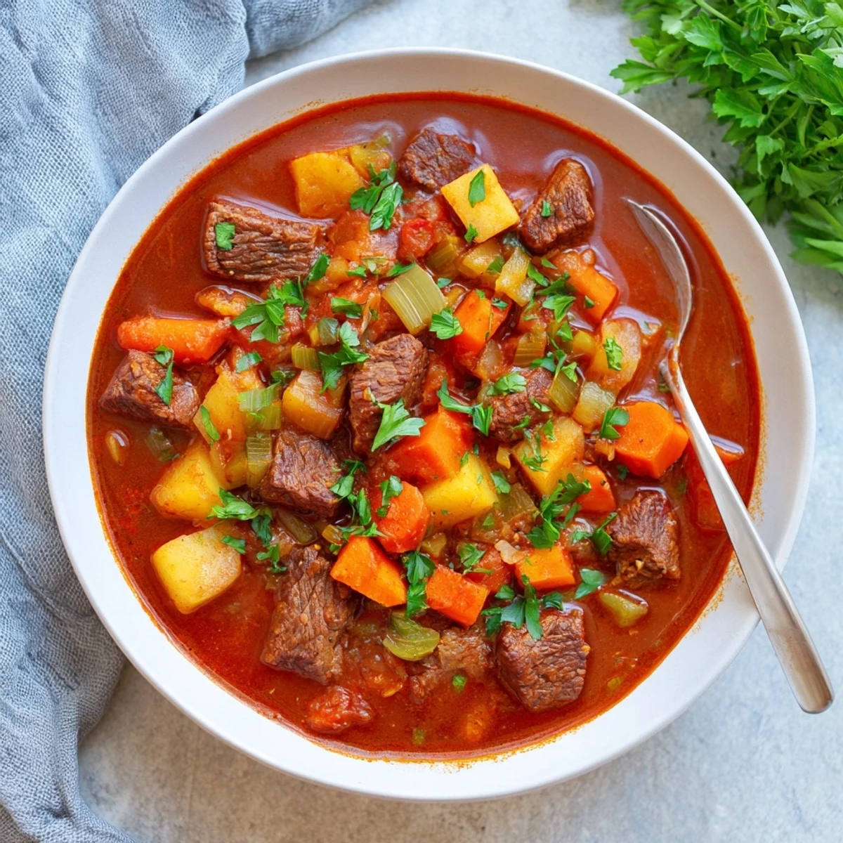 Rustic Italian beef stew bubbling in a cast iron pot with tender chunks of beef and carrots in rich tomato sauce