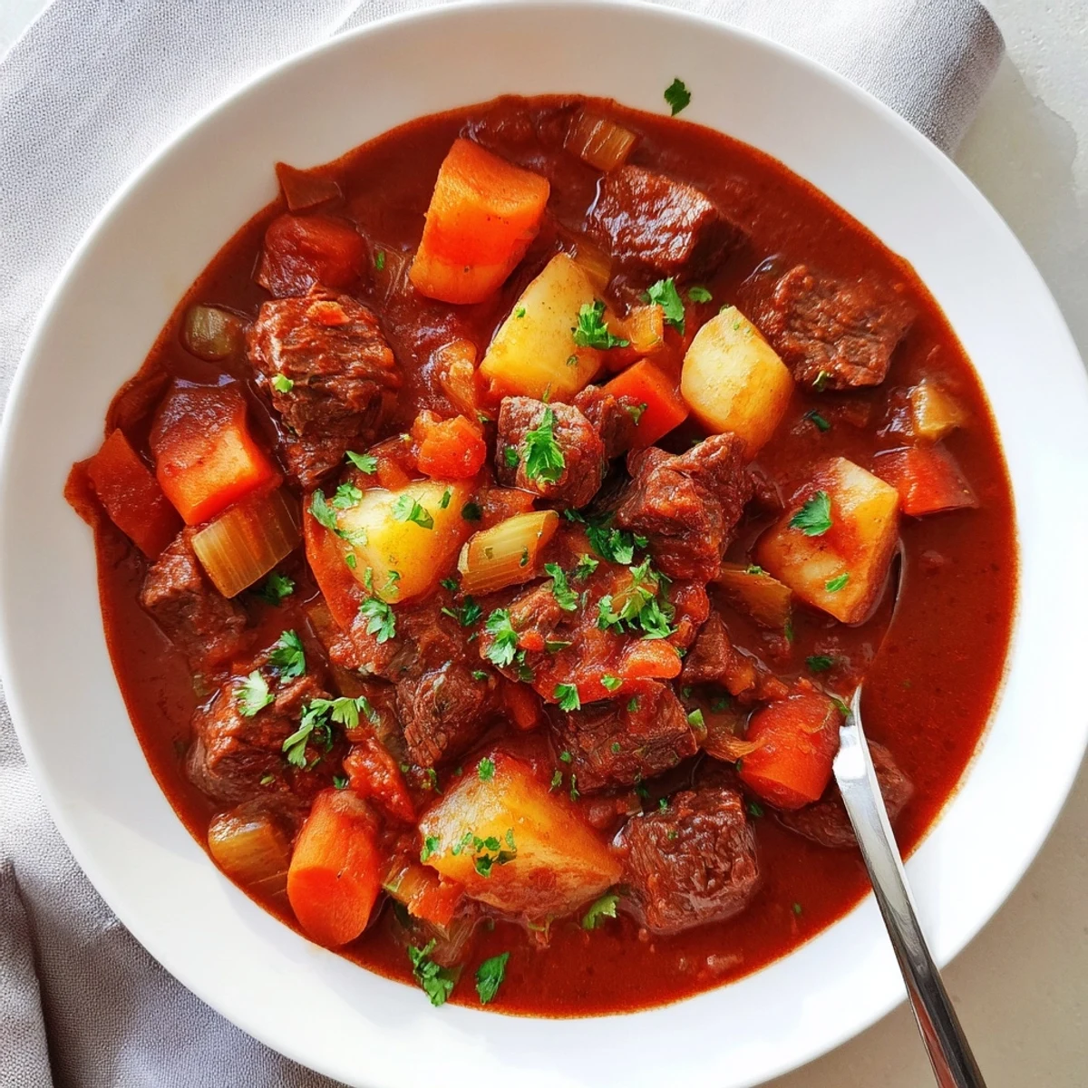 Steaming bowl of Spezzatino Di Manzo featuring melt-in-your-mouth beef cubes, potatoes, and celery garnished with fresh green parsley