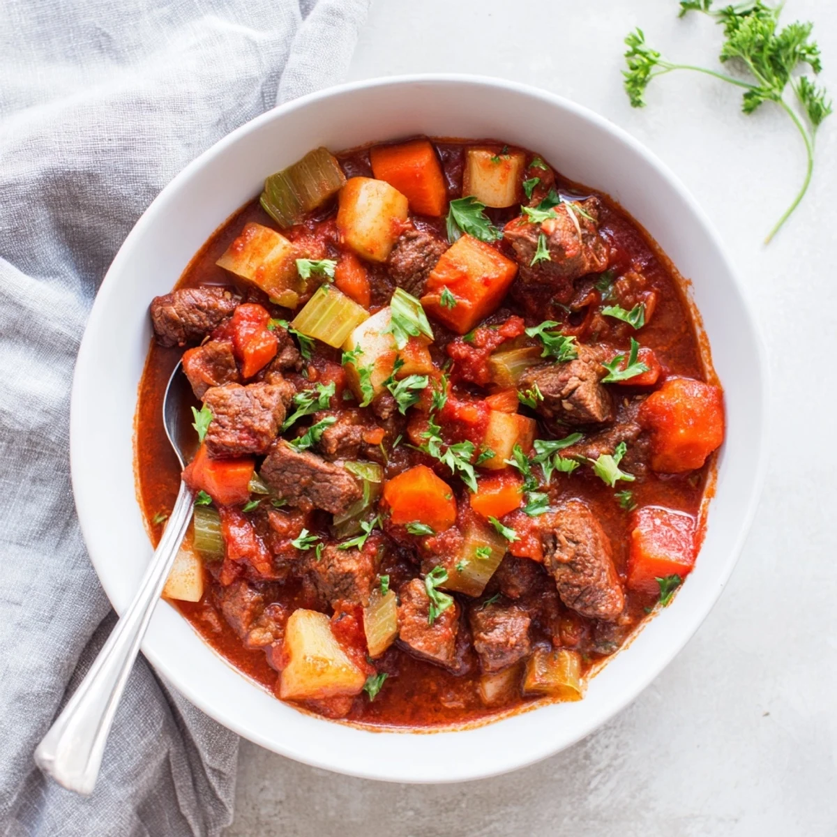 Spoon lifting savory beef and vegetable ragout from a Dutch oven, showcasing the thick red wine and herb broth