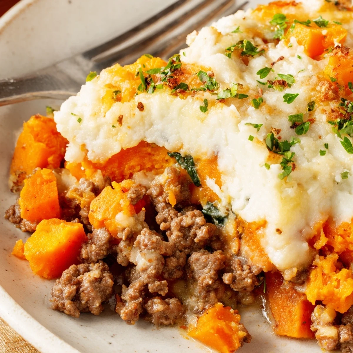 Bubbly Cottage Cheese Ground Beef And Sweet Potato Casserole with golden crust