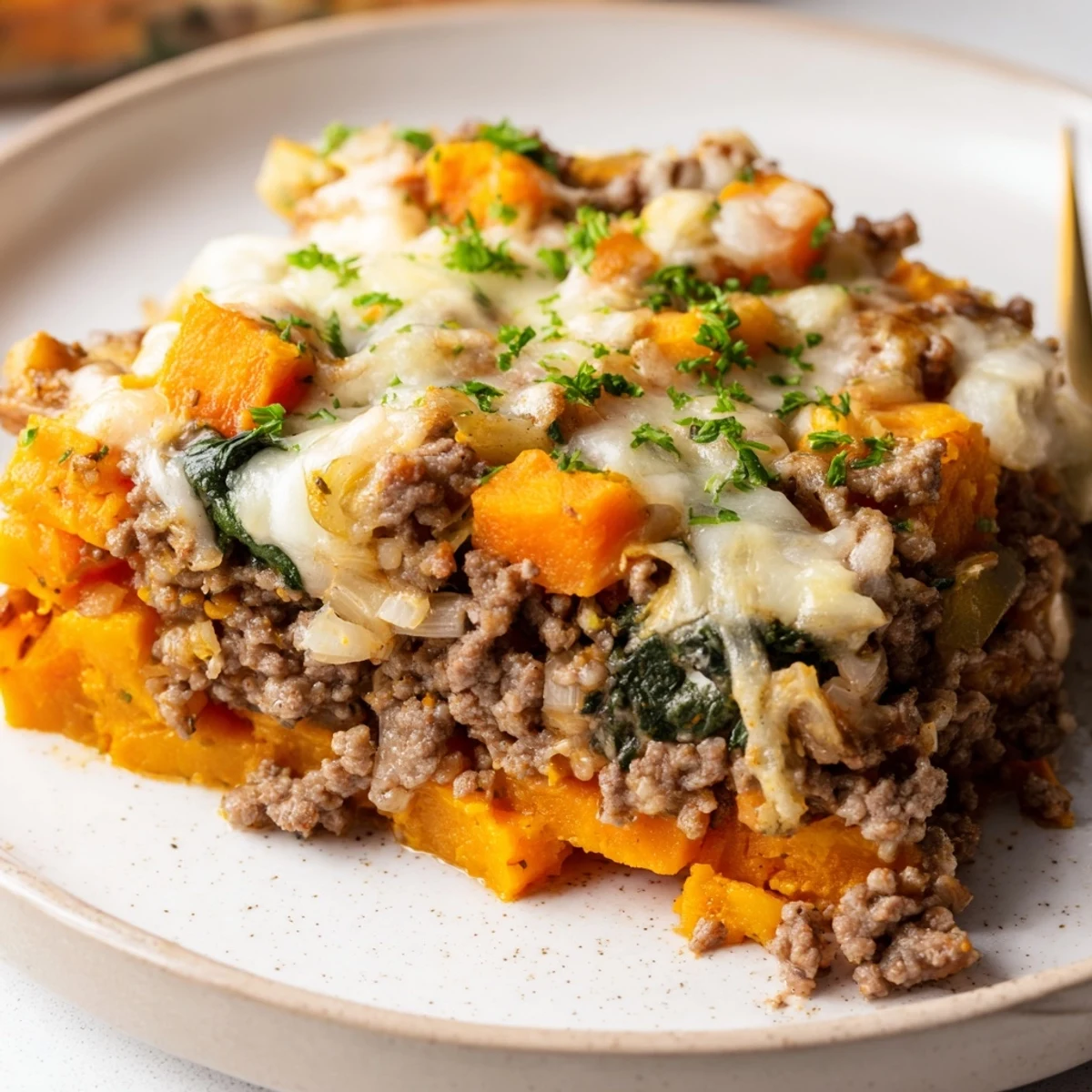 Hearty Cottage Cheese Ground Beef And Sweet Potato Casserole, served warm with parsley