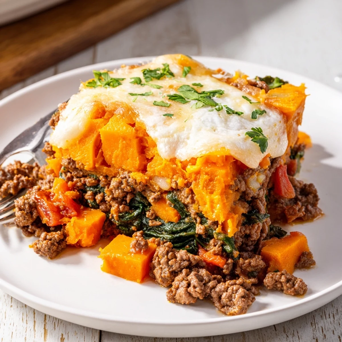 Oven-baked Cottage Cheese Ground Beef And Sweet Potato Casserole, slice reveals creamy filling