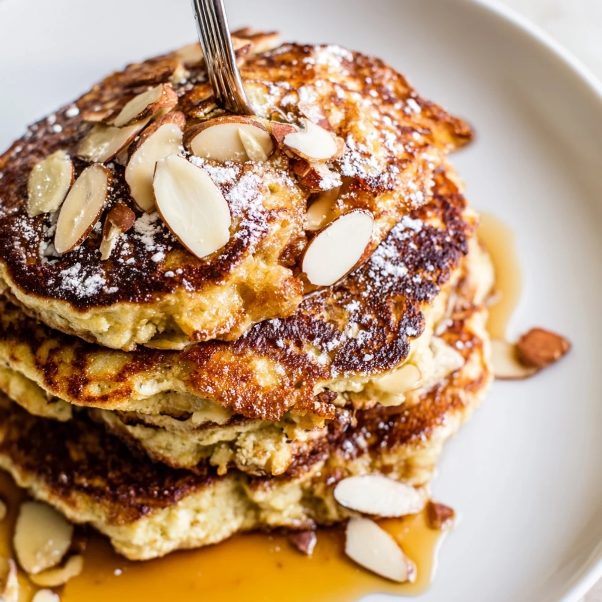 Almond Croissant Protein Pancakes stacked, golden edges, toasted almonds and maple drizzle