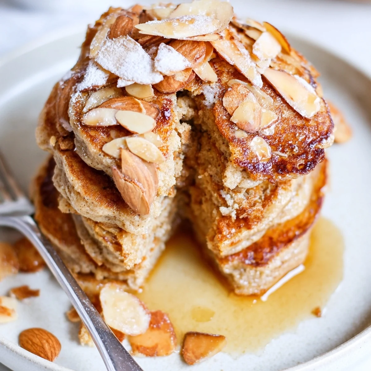 Almond Croissant Protein Pancakes fluffy interior, croissant crunch, dusted with powdered sugar