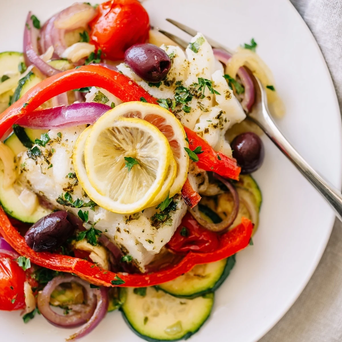 Air Fryer Mediterranean Cod In Parchment Paper steaming with lemon and herbs.