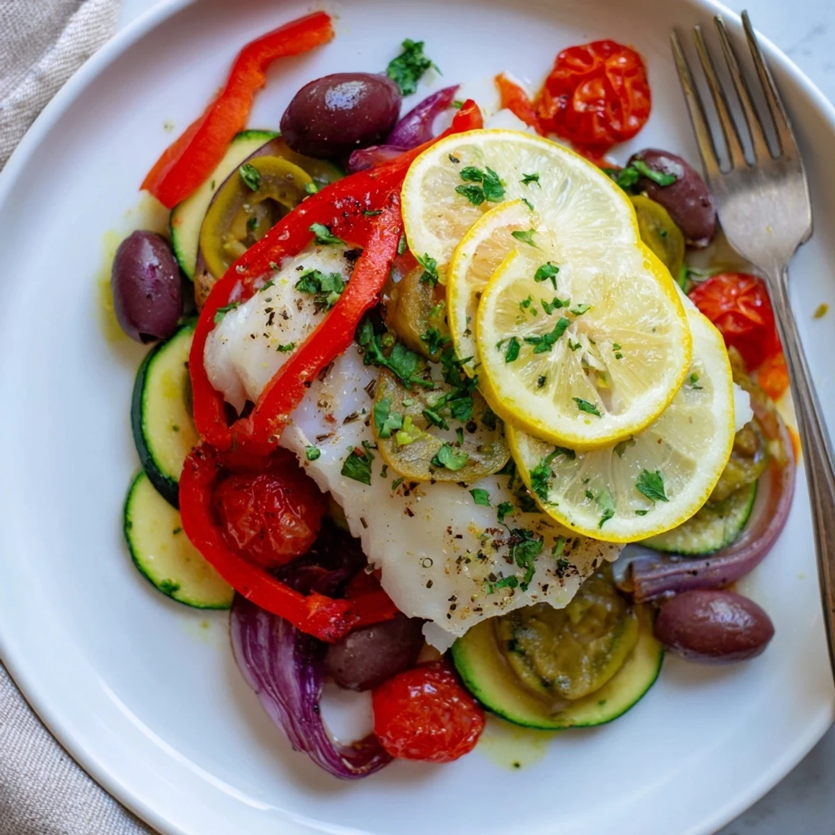Steam filled parcel reveals Air Fryer Mediterranean Cod In Parchment Paper, vibrant vegetables.