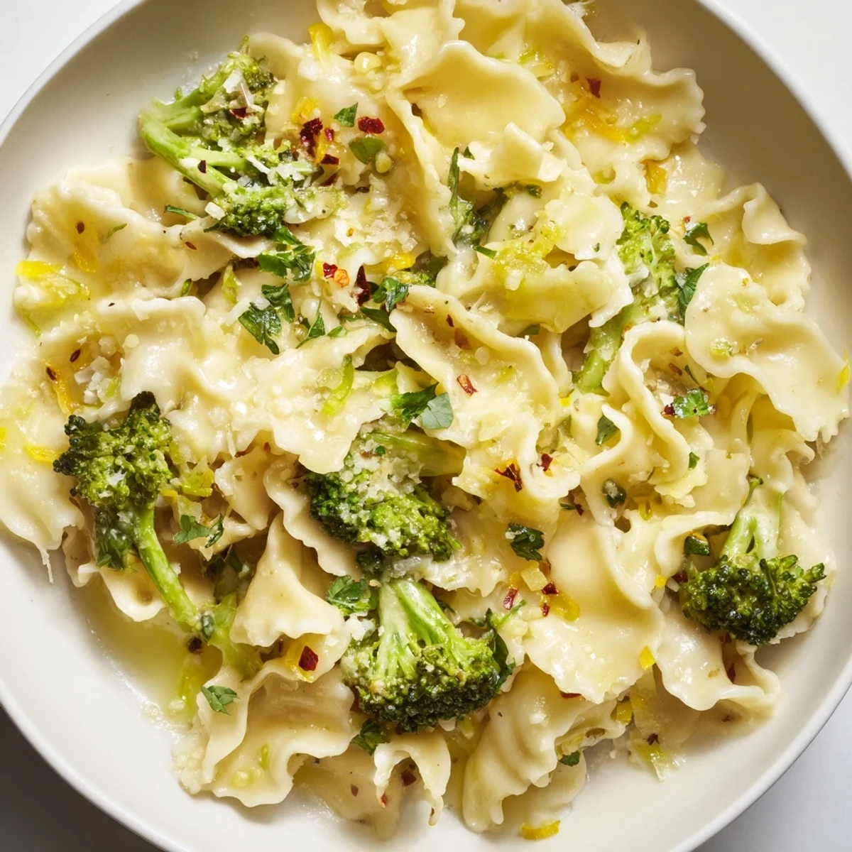 Twirled mafaldine limone broccoli pasta glistening with lemon butter sauce and Parmesan