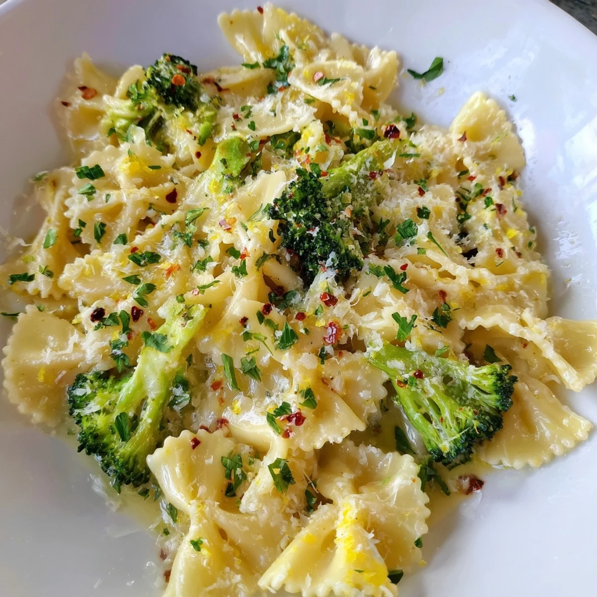 Steaming bowl of mafaldine limone broccoli pasta topped with fresh parsley and zest