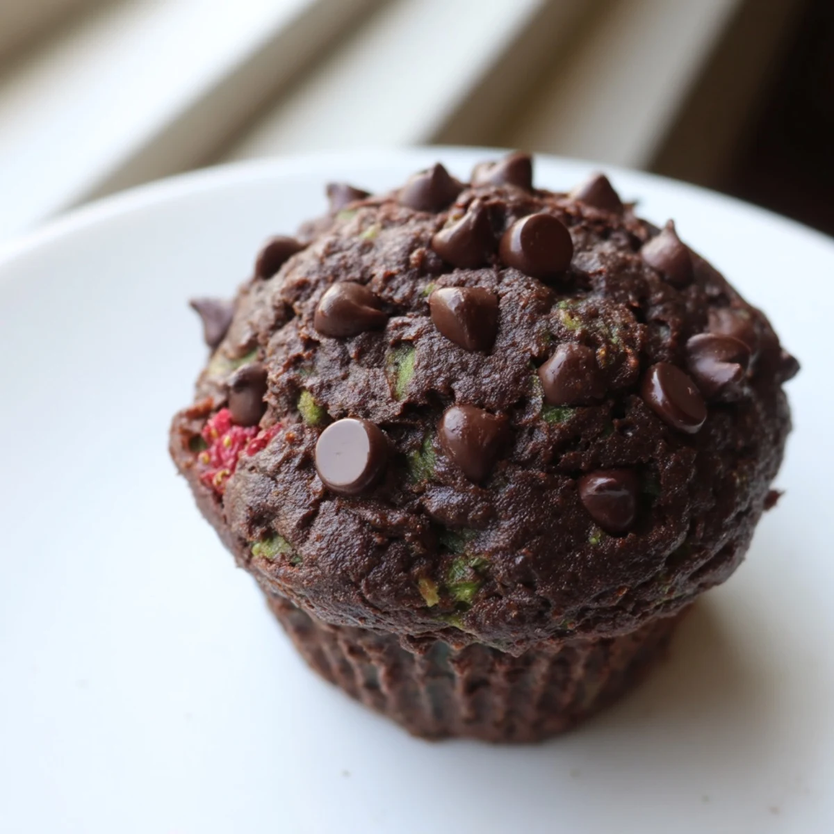 Chocolate zucchini strawberry muffins with cracked domes and melted chocolate chip tops