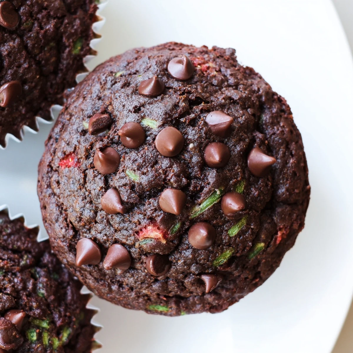 Fresh strawberry pieces peek through moist chocolate zucchini muffins on a cooling rack