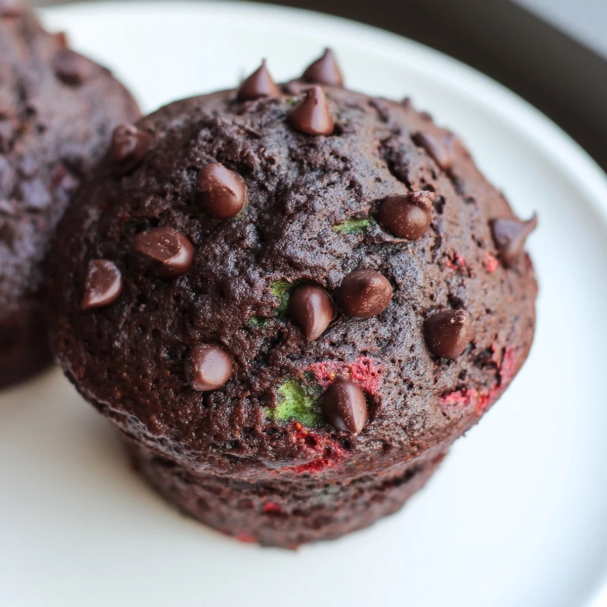Golden-edged chocolate zucchini strawberry muffins arranged on a rustic parchment-lined baking sheet