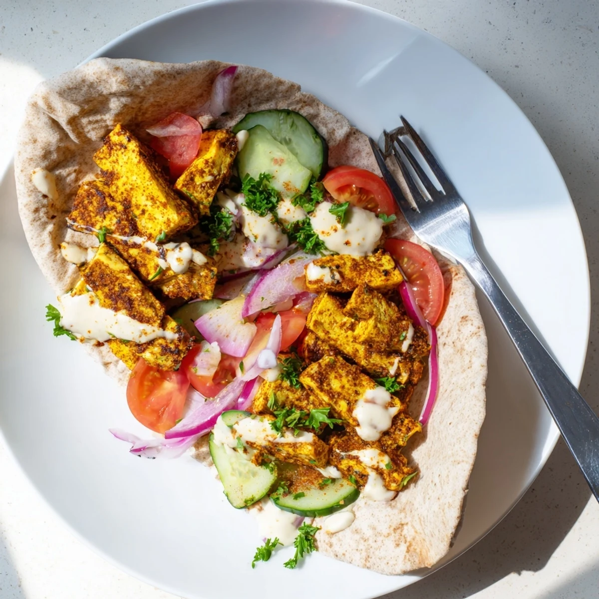 Crispy golden tofu shawarma wrapped in warm pita with fresh vegetables and creamy tahini sauce