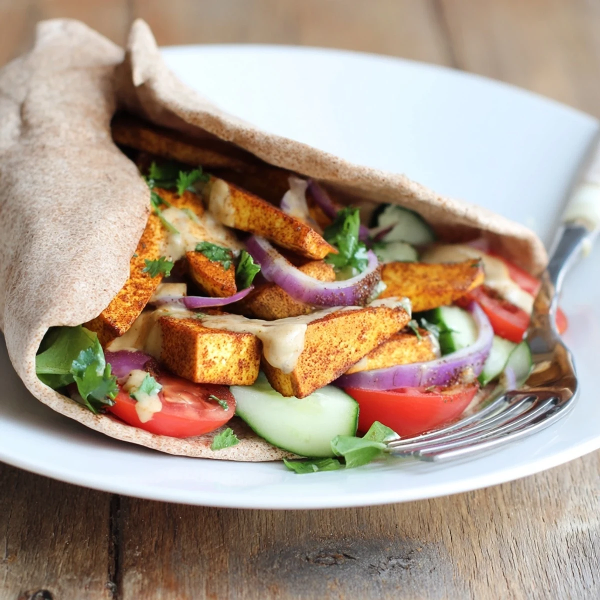 Spiced tofu shawarma slices roasted until caramelized and served over soft flatbread with diced cucumber