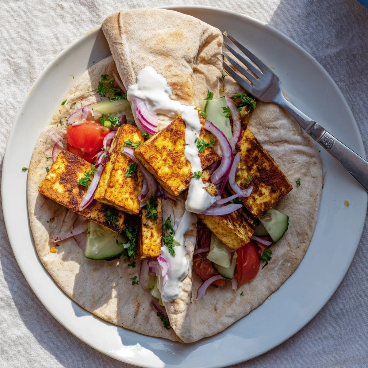 Vibrant tofu shawarma nestled in a wrap alongside ripe tomatoes, sliced red onion, and herbed tahini drizzle