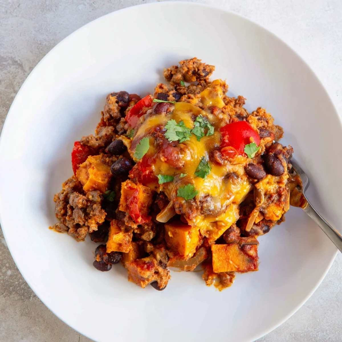 Golden sweet potato turkey black bean bake with bubbling cheddar in a rustic casserole dish