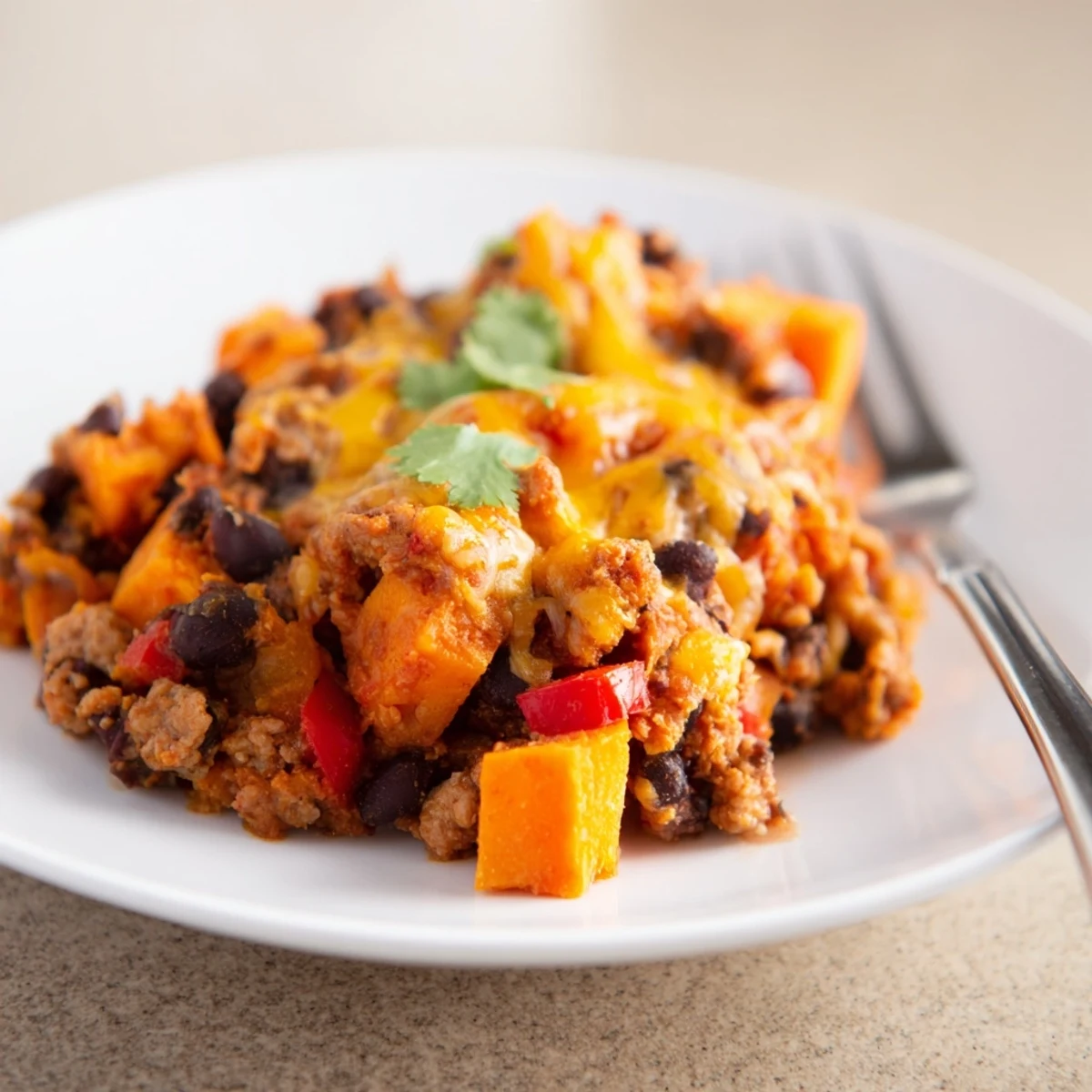 Hearty sweet potato turkey black bean bake scooped steamy from a foil-covered baking dish